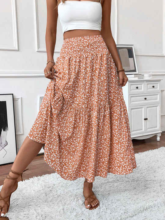 Damen Langer Rock mit floralem Print und elastischem Bund Heidi Mode