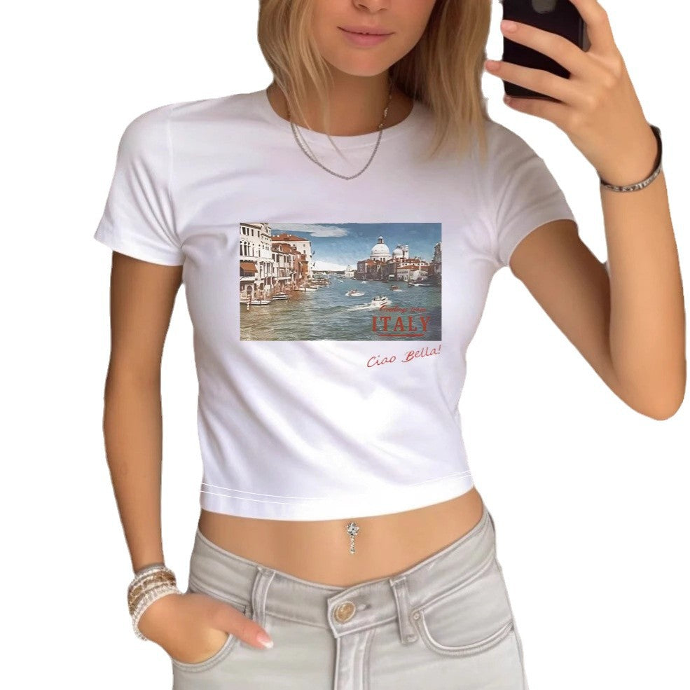 Damen Crop-T-Shirt mit kreativem Augenmotiv und Tourdruck EB