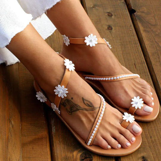 Damen Glamouröse und elegante Zehentrenner-Sandalen mit Perlenschmuck EB