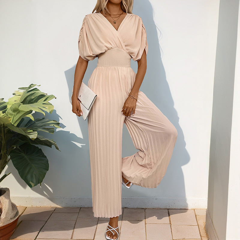 Damen Eleganter Jumpsuit mit hohem V-Ausschnitt und schwingenden Beinen EB
