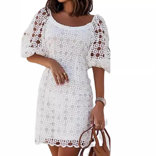 Damen Spitzenkleid mit luftigen Puffärmeln und eleganten Häkel-Details EB