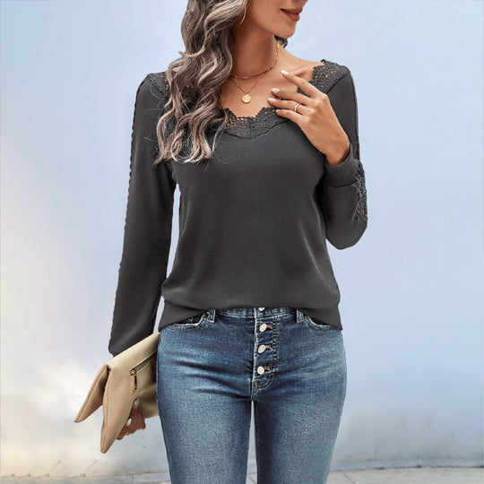 Damen Elegantes Oberteil mit Spitzendetails und Rundhalsausschnitt EB