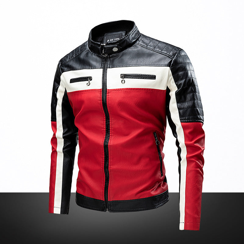 Herren Biker-Lederjacke im Retro-Rennstil mit Stehkragen und Kontraststreifen EB