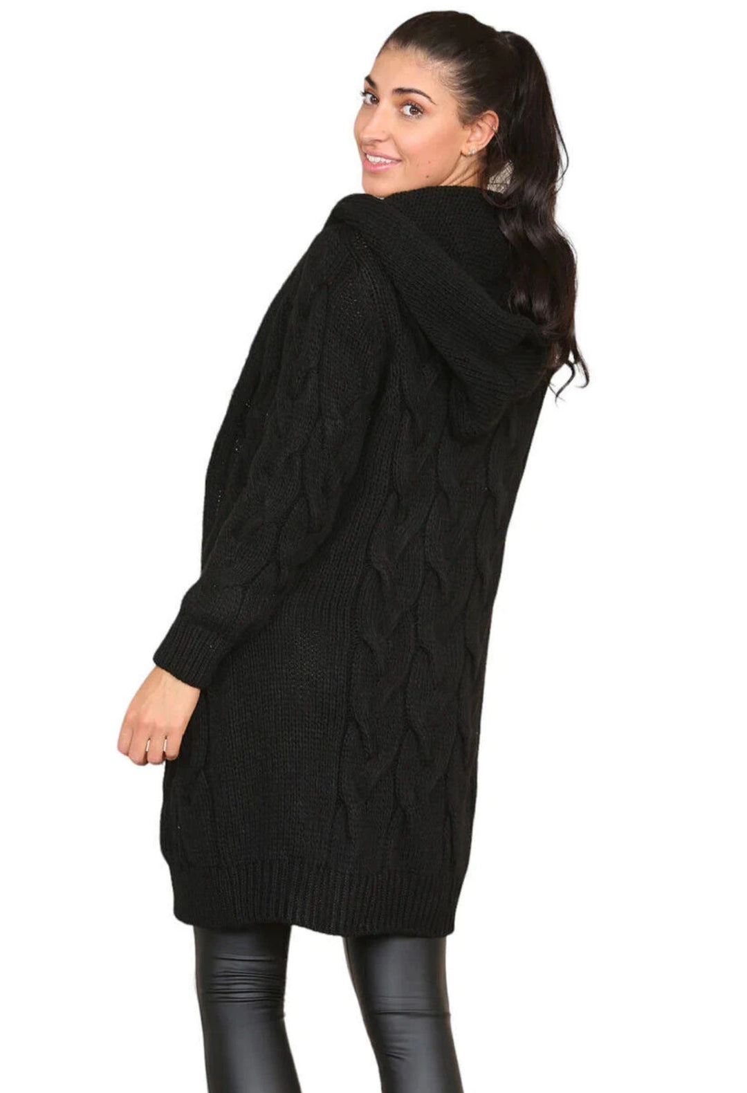 Damen Langer Strickmantel mit elegantem Zopfmuster und Kapuze EB