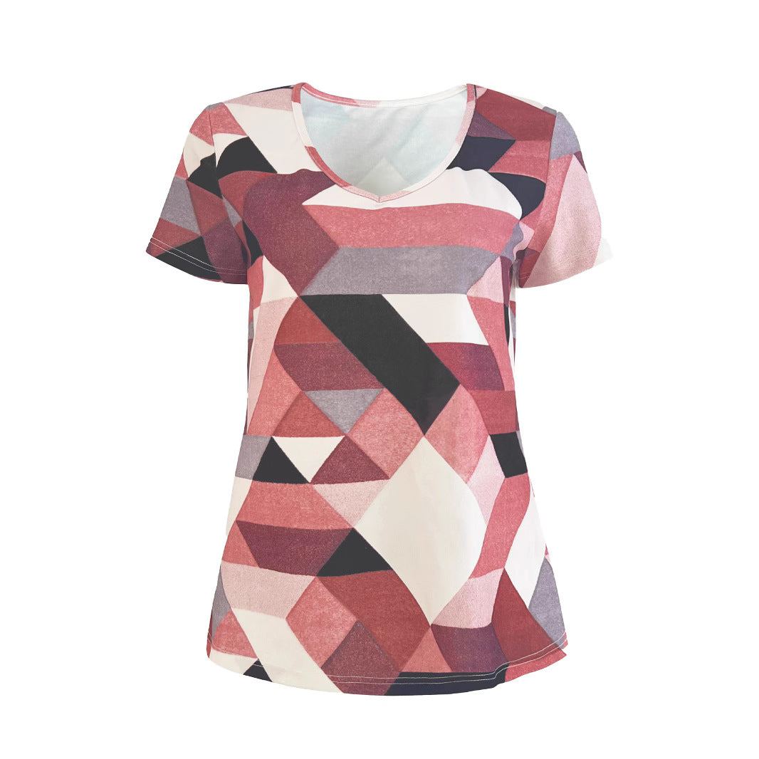 Damen V-Ausschnitt T-Shirt mit geometrischem Muster und weichem Material EB