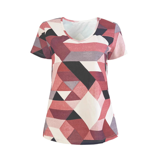 Damen V-Ausschnitt T-Shirt mit geometrischem Muster und weichem Material EB
