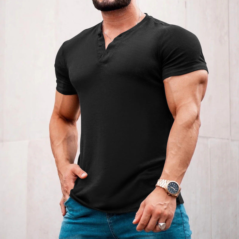 Herren Kurzarm-Henley-T-Shirt aus atmungsaktiver Baumwolle mit dekorativer Knopfleiste EB