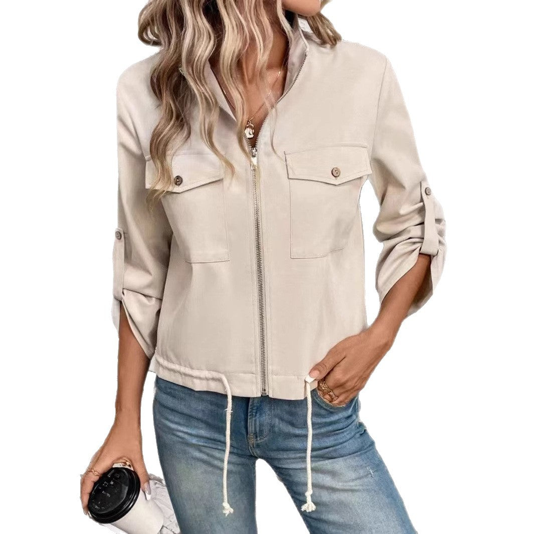 Damen Kurze Bomberjacke mit Reißverschluss und Taschen EB