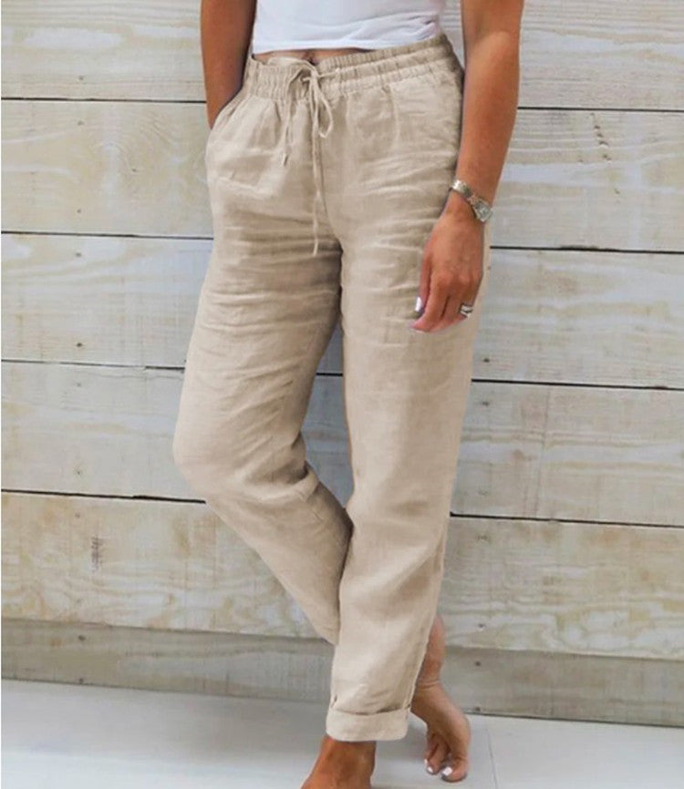 Damen nan lässige Leinenhose mit elastischem Bund und Kordelzug EB