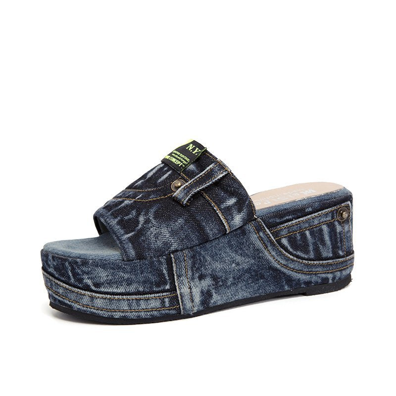 Damen nan Denim-Optik Plateau-Pantolette mit offener Zehenpartie und gepolstertem Fußbett EB
