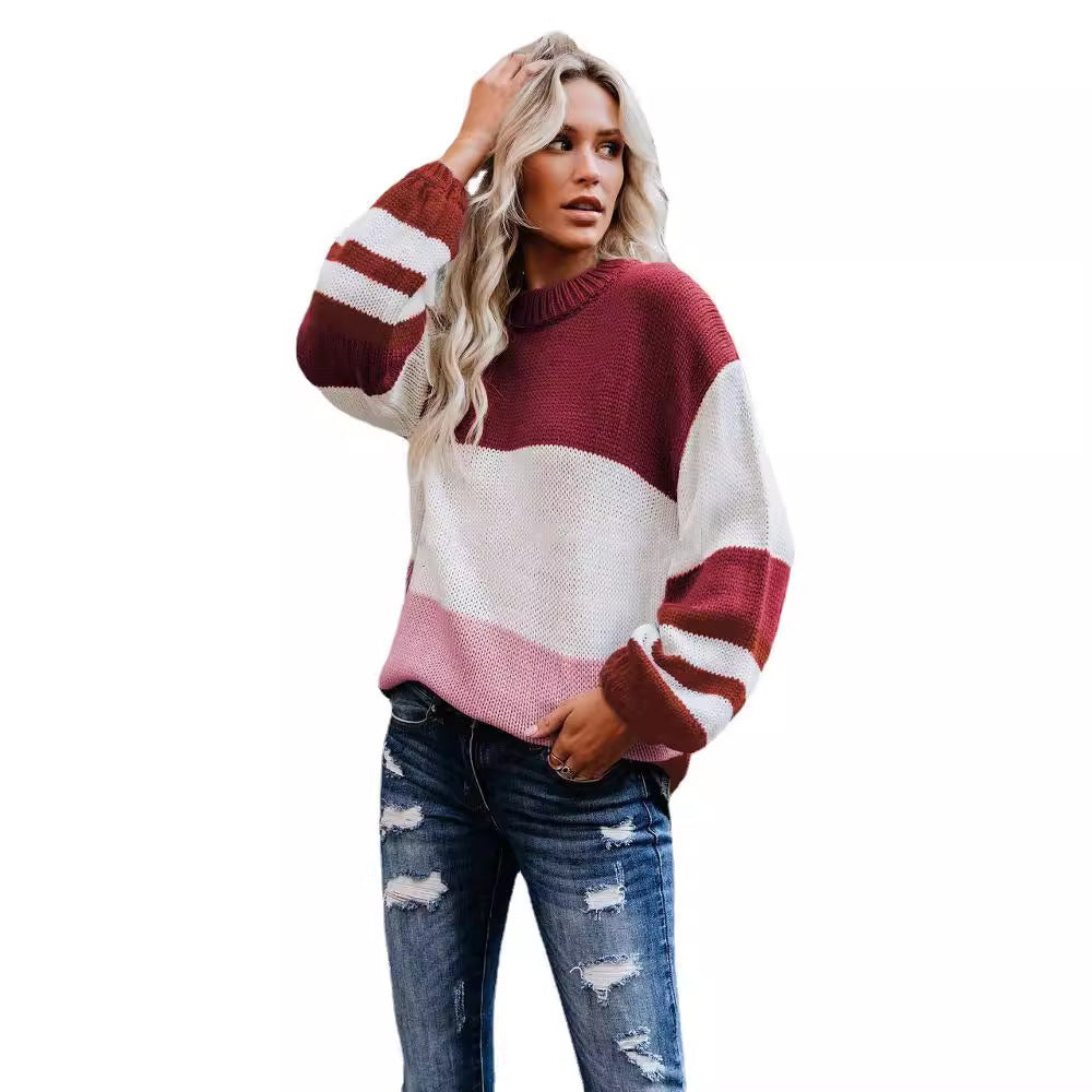 Damen moderner Strickpullover mit modischem Farbblockdesign und hohem Kragen EB