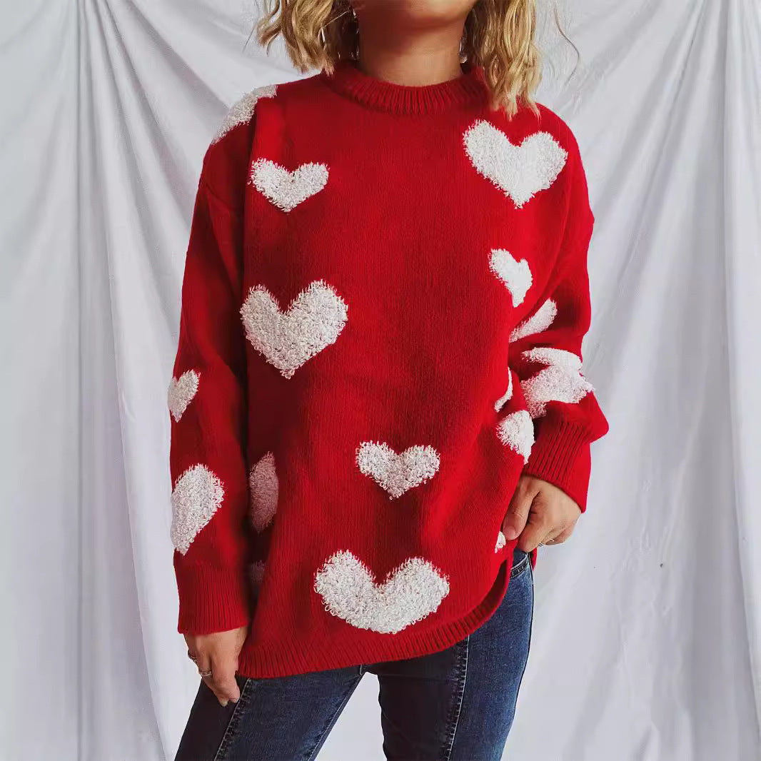 Damen Pullover mit Herzmuster und flauschigen Applikationen EB
