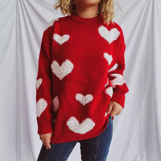 Damen Pullover mit Herzmuster und flauschigen Applikationen EB