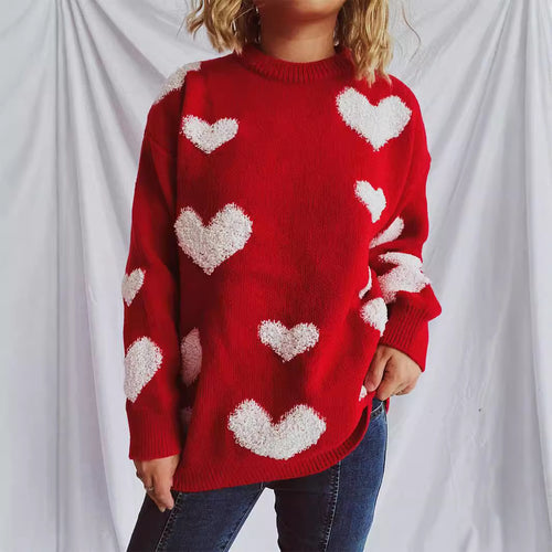 Damen Pullover mit Herzmuster und flauschigen Applikationen EB