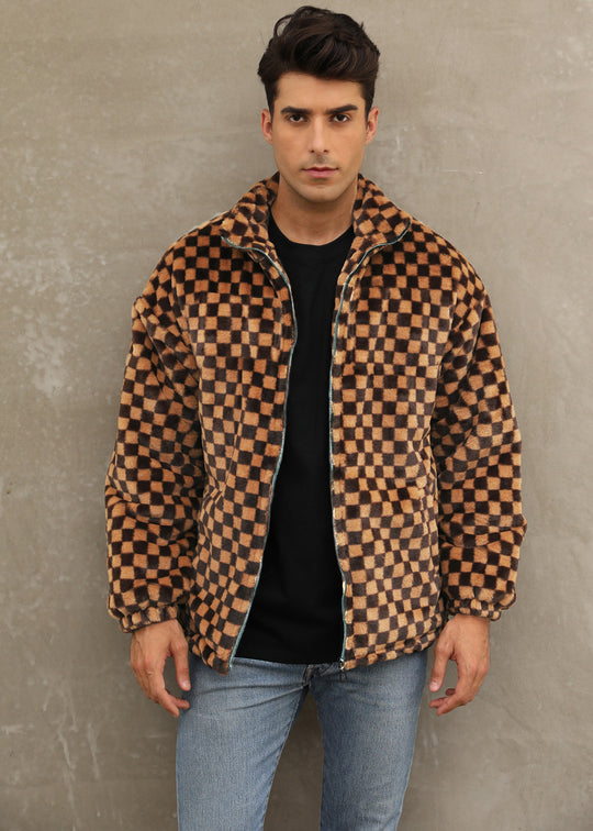 Herren Plüschjacke mit Karo-Muster und hohem Kragen EB