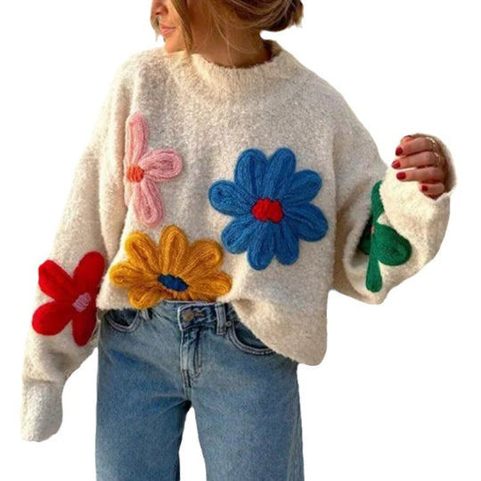 Damen Boxy-Strickpullover mit bunten 3D-Blumenapplikationen EB