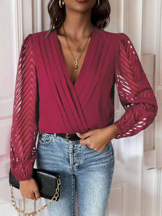 Damen elegantes Body mit voluminösen Ärmel und tiefem V-Ausschnitt EB