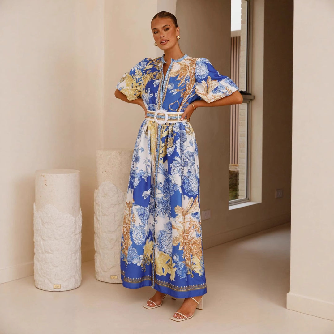 Damen Maxikleid mit floralem Knopfleisten-Design und tailliertem Gürtel EB