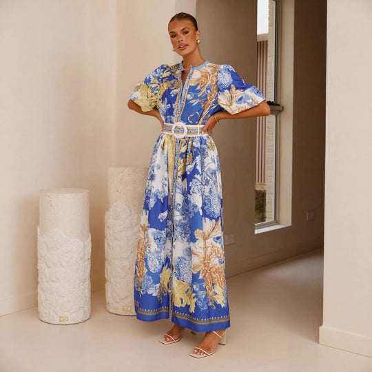 Damen Maxikleid mit floralem Knopfleisten-Design und tailliertem Gürtel EB