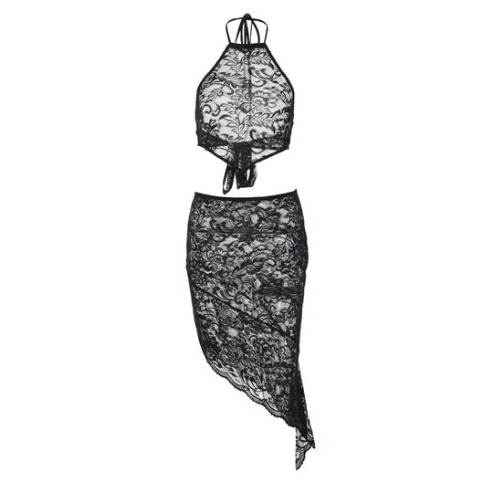 Damen Spitzenkleid mit asymmetrischem Saum und Halterdesign EB