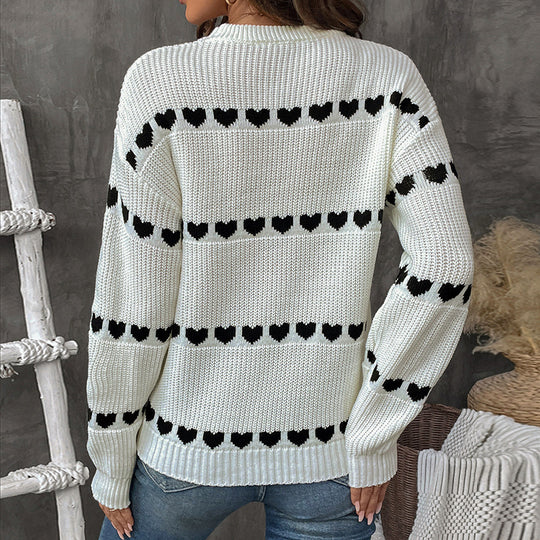 Damen Strickpullover mit Herzmuster und Rundhalsausschnitt EB