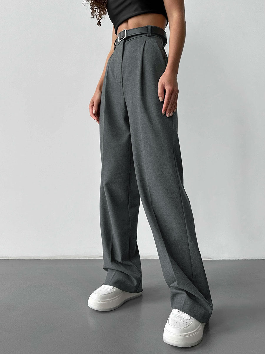 Damen Elegante High-Waist-Hose mit Bügelfalte und Bindegürtel EB