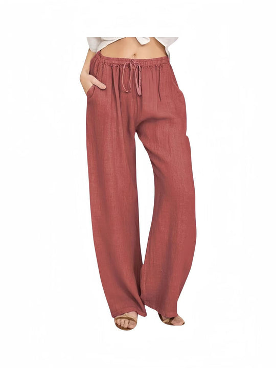 Damen Weite Leinenhose mit elastischem Bund und praktischen Eingrifftaschen EB