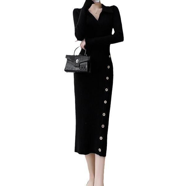 Damen Strickkleid mit Knopfdetail und elegantem V-Ausschnitt EB