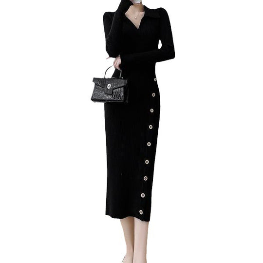 Damen Strickkleid mit Knopfdetail und elegantem V-Ausschnitt EB