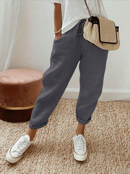 Damen Lässige Leinen-Hose mit elastischem Bund und praktischen Taschen EB