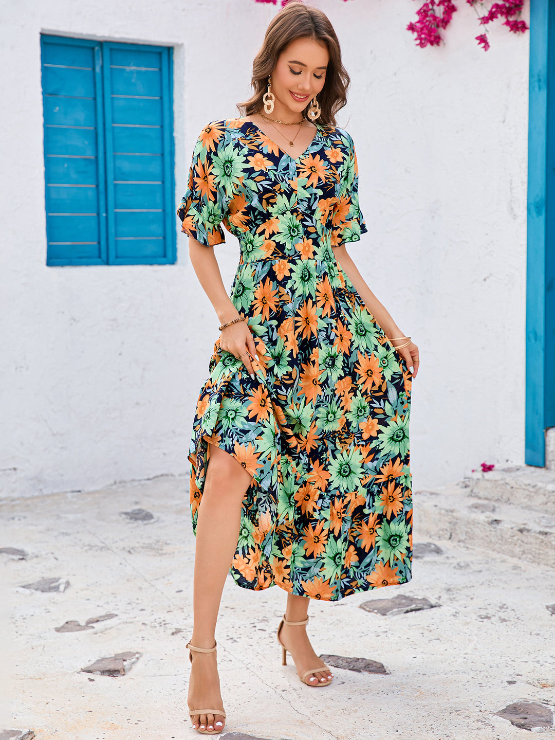 Damen Maxikleid mit voluminösen Ärmeln und fröhlichem Blumenmuster EB