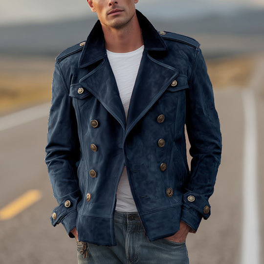 Herren nan doppeltreihige Vintage-Lederjacke mit Reverskragen und Schulterpatten EB