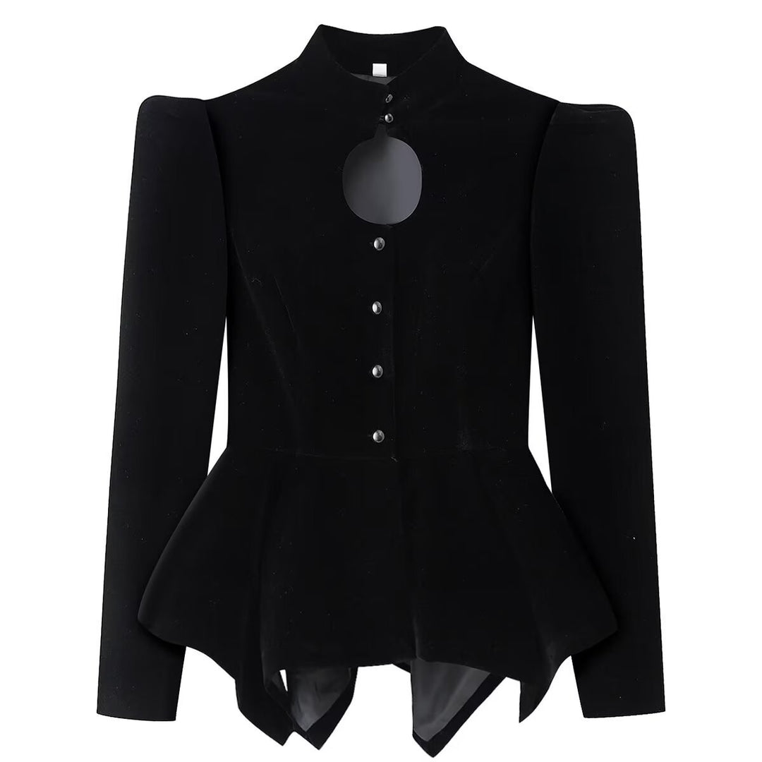 Damen nan taillierte Samtjacke mit Stehkragen Cut-Out und asymmetrischem Schößchen EB