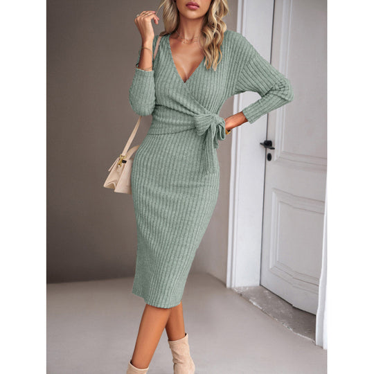 Damen Wickelkleid mit tiefem V-Ausschnitt und Taillengürtel EB
