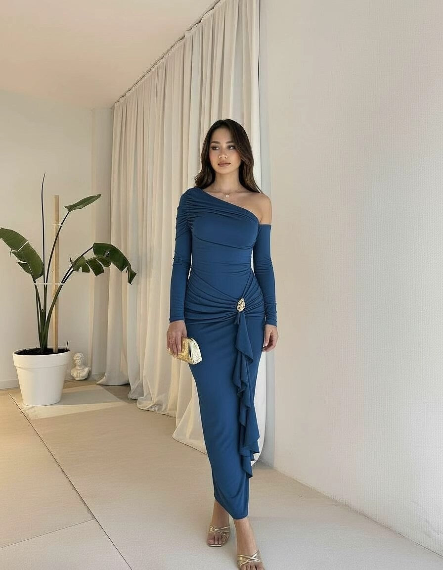 Damen elegantes Wickelkleid mit asymmetrischem Design und raffinierten Drapierungen EB