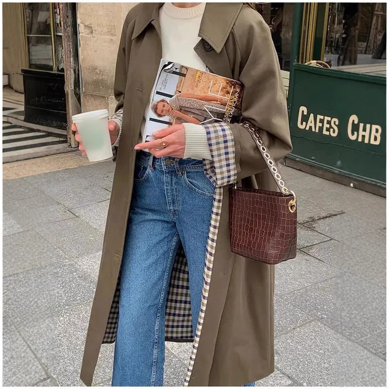 Damen Oversized Trenchcoat mit Karo-Muster EB