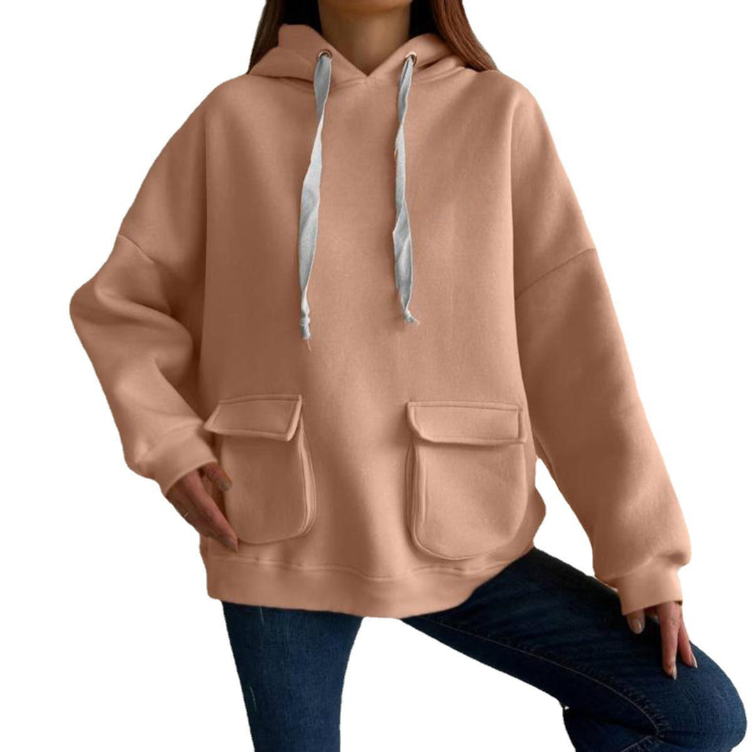 Damen nan Oversize-Kapuzenpullover mit aufgesetzten Klappentaschen und extra-langen Kordeln EB