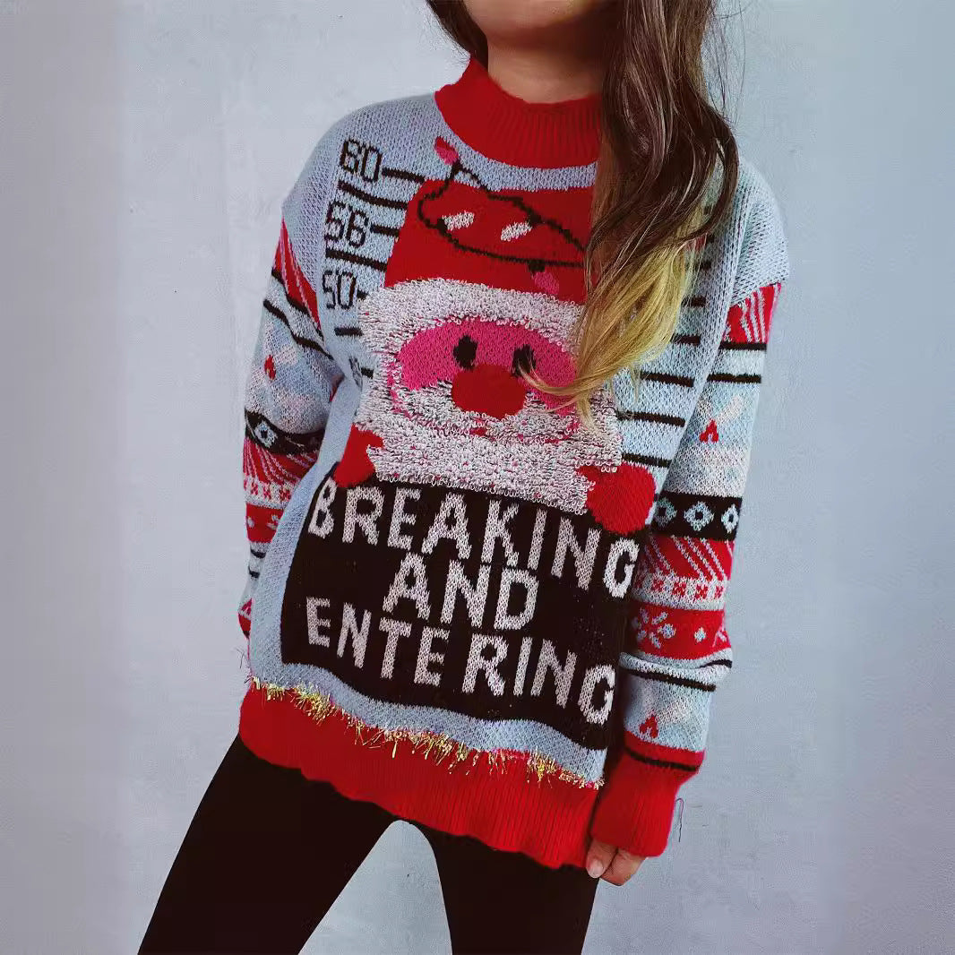 Damen Weihnachtspullover mit festlichem Santa-Motiv und glänzenden Akzenten EB