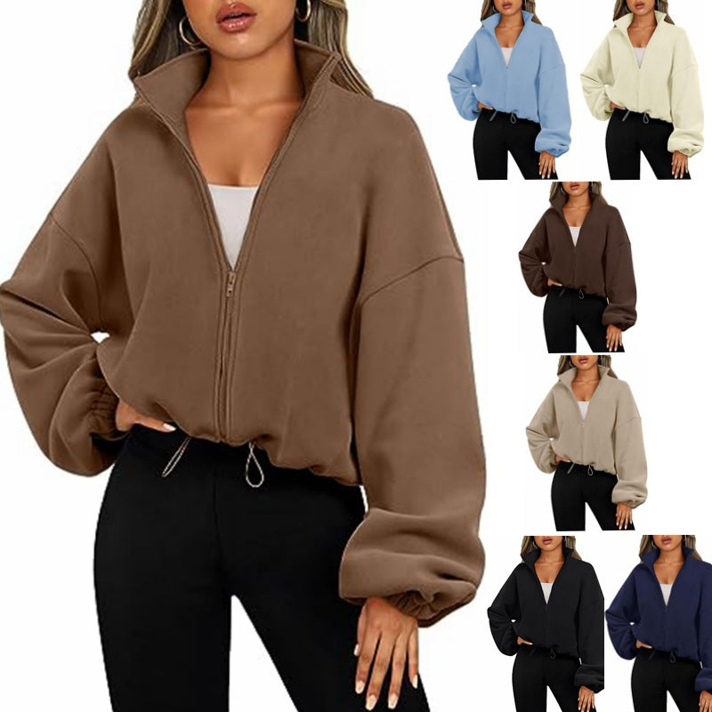 Damen Zip-Hoodie mit hohem Kragen und kontrastierenden Ärmeln EB