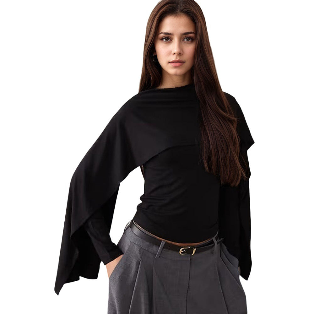 Damen asymmetrisches Cape-Longsleeve mit hohem Kragen und fließendem Overlay Eichborn Berlin