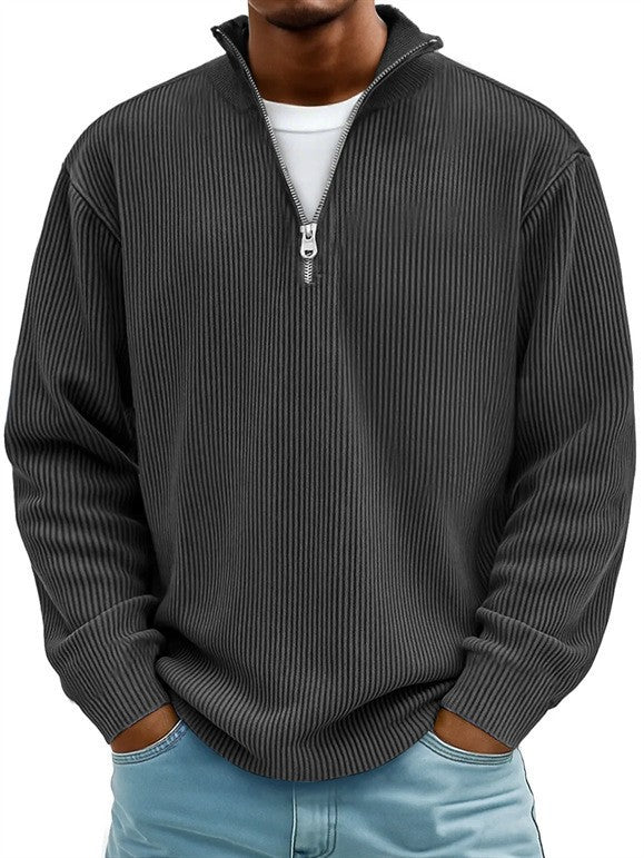 Herren nan gerippter Strickpullover mit halbem Reißverschluss und Stehkragen EB