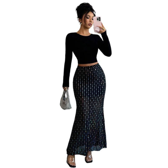 Damen Elegante und schicke maxi Rock mit Pünktchenmuster EB