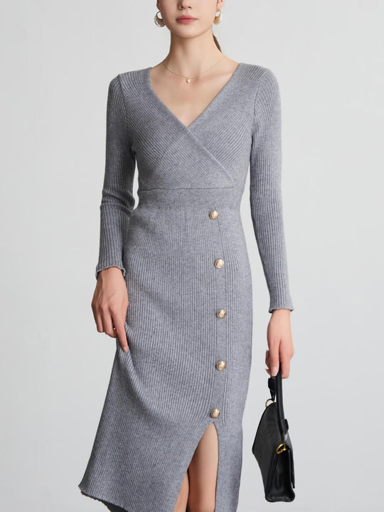 Damen Strickkleid mit Wickeloptik und Knopfdetails EB