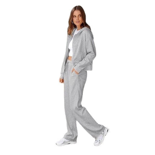 Damen nan zweiteiliges Lounge-Set mit Kapuzenjacke Reißverschluss und weiter Hose mit hohem Bund aus Sweatstoff EB