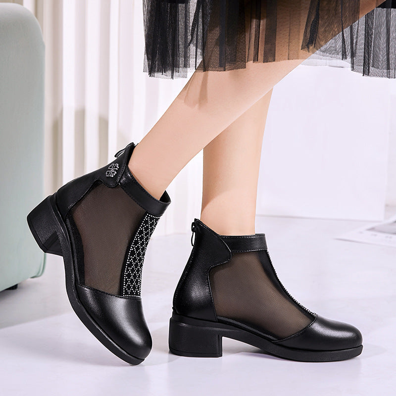Damen Elegante Stiefeletten mit modischem Mesh-Einsatz und Blockabsatz EB