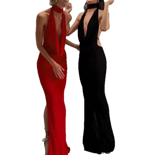 Damen Maxikleid mit elegantem Wasserfallausschnitt und figurbetontem Design EB