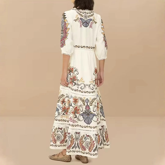Damen Maxikleid mit floralen Stickereien und V-Ausschnitt EB