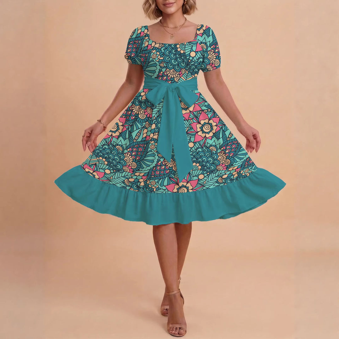 Damen modernes Blumenkleid mit elegantem Taillengürtel und asymmetrischem Saum EB
