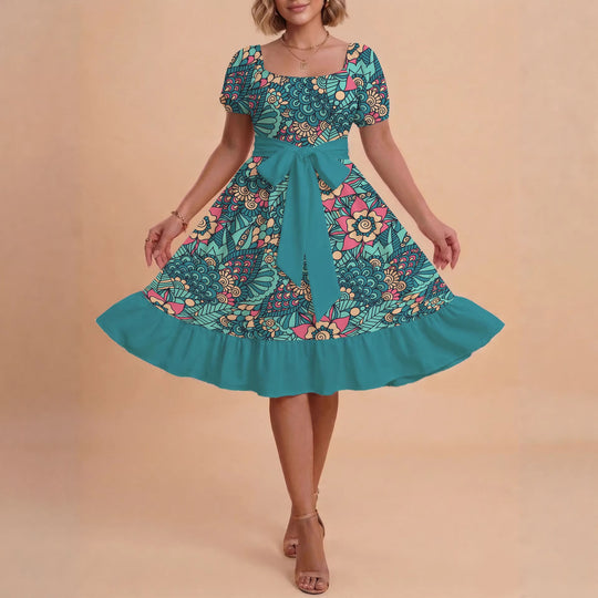 Damen modernes Blumenkleid mit elegantem Taillengürtel und asymmetrischem Saum EB