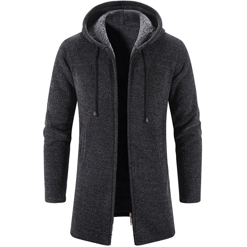 Herren nan langer Kapuzenstrickmantel mit Teddyfutter, durchgehendem Reißverschluss und seitlichen Eingrifftaschen EB
